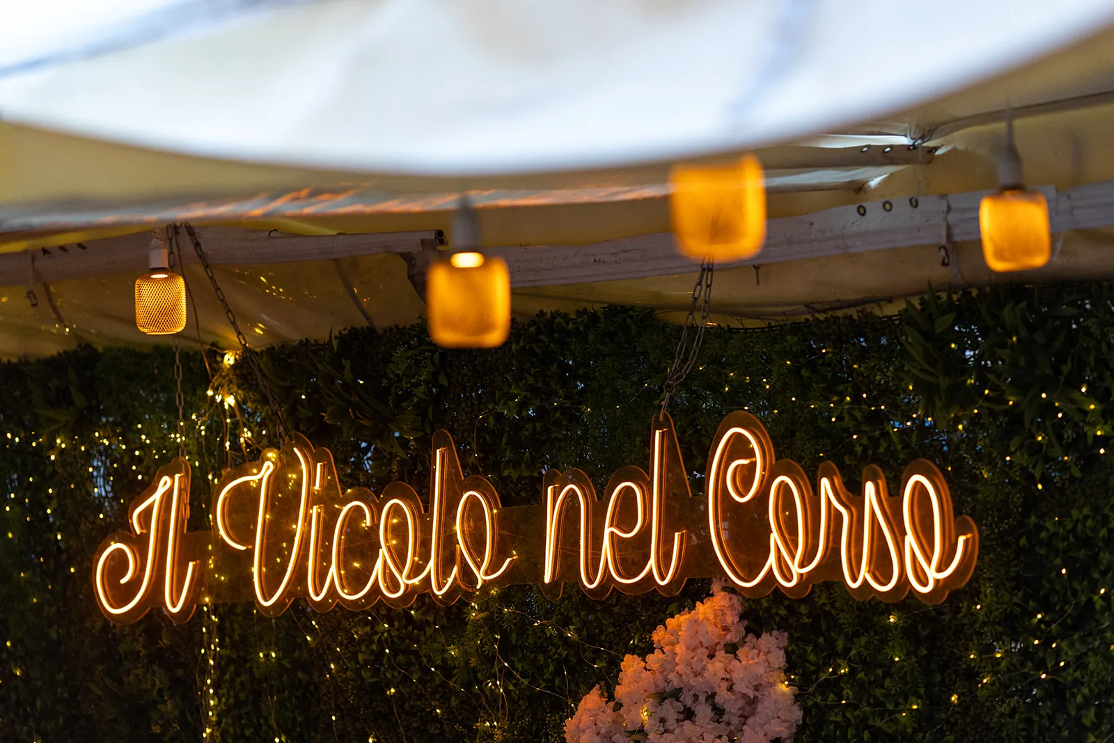 L'insegna al neon Il Vicolo nel Corso tra il verde